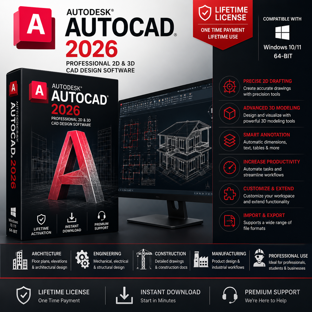 Autodesk AutoCAD 2026 for Windows | Lifetime License | 2D & 3D CAD Design Software | Instant Digital Download